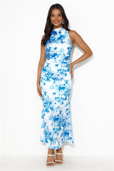 Beauty Of Fiji Satin Maxi Dress Blue