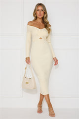 Icy Chill Off Shoulder Ribbed Midi Dress Cream