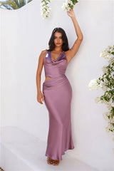 All The Invites Halter Satin Maxi Dress Purple