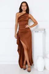 Extra Special One Shoulder Satin Maxi Dress Brown