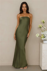 The Felicity Strapless Satin Maxi Dress Olive