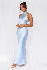 The Cleo Halter Satin Maxi Dress Blue