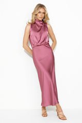 Confidence High Satin Midi Dress Rose