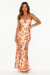 Affectionate Mood Satin Halter Maxi Dress Orange
