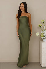 The Felicity Strapless Satin Maxi Dress Olive
