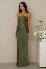 The Felicity Strapless Satin Maxi Dress Olive