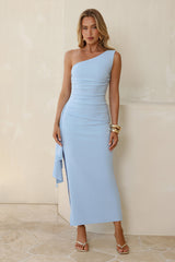 Chic One Shoulder Ruched Drape Maxi Dress Light Blue