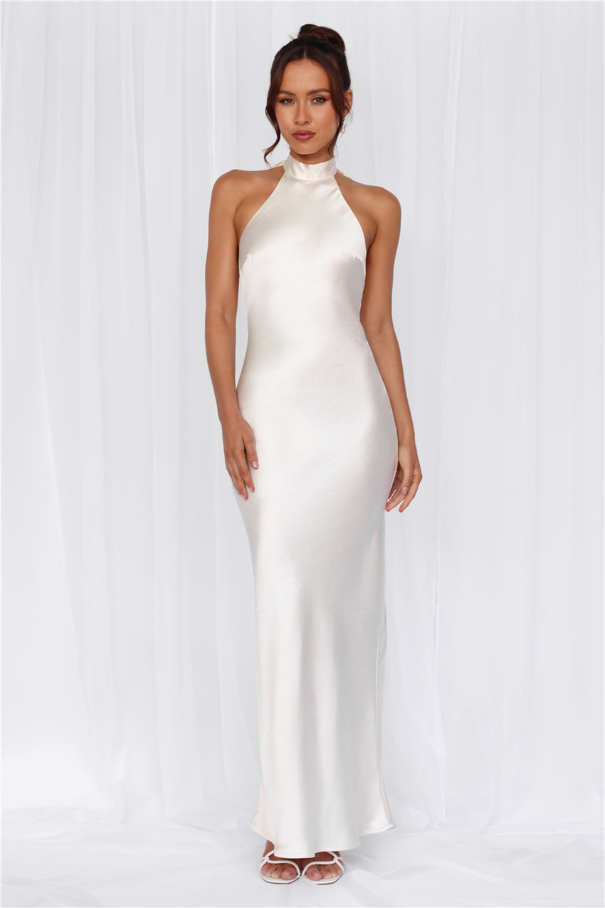 HELLO MOLLY The Cleo Halter Satin Maxi Dress Pearl