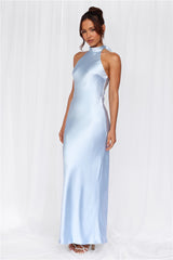 The Cleo Halter Satin Maxi Dress Blue