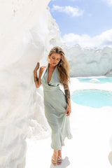 Couture Lane Halter Satin Midi Dress Sage