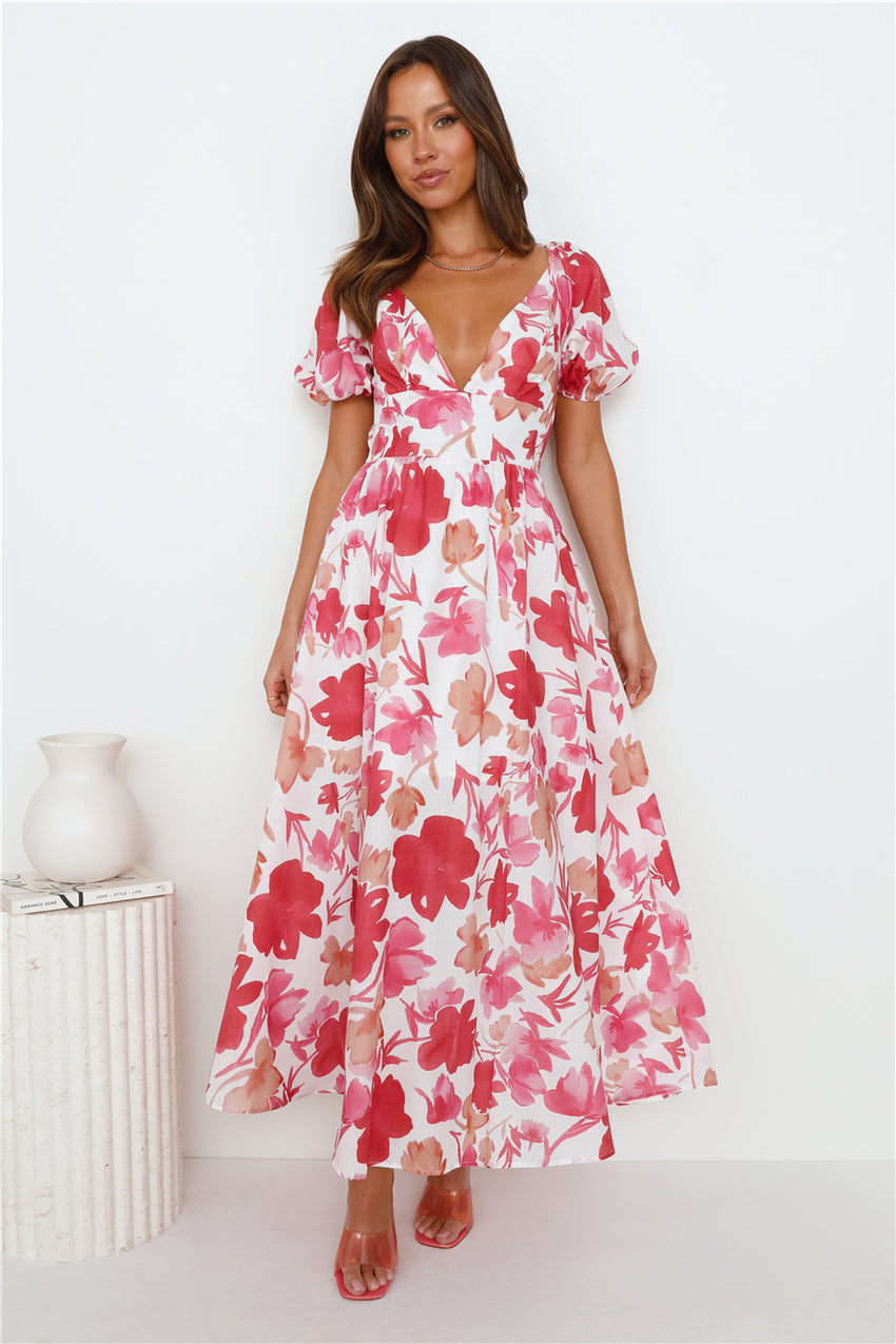Leaves Falling Maxi Dress Red